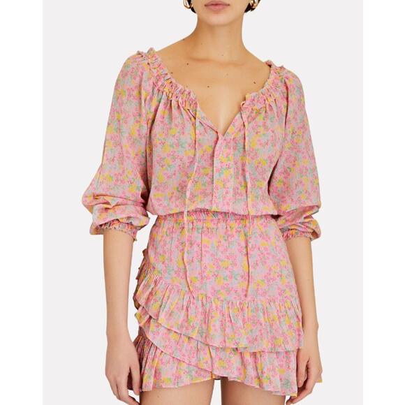 LoveShackFancy Rayna Mini Dress Floral Ruffle Long Sleeve Popover Tiered Pink - Picture 1 of 16